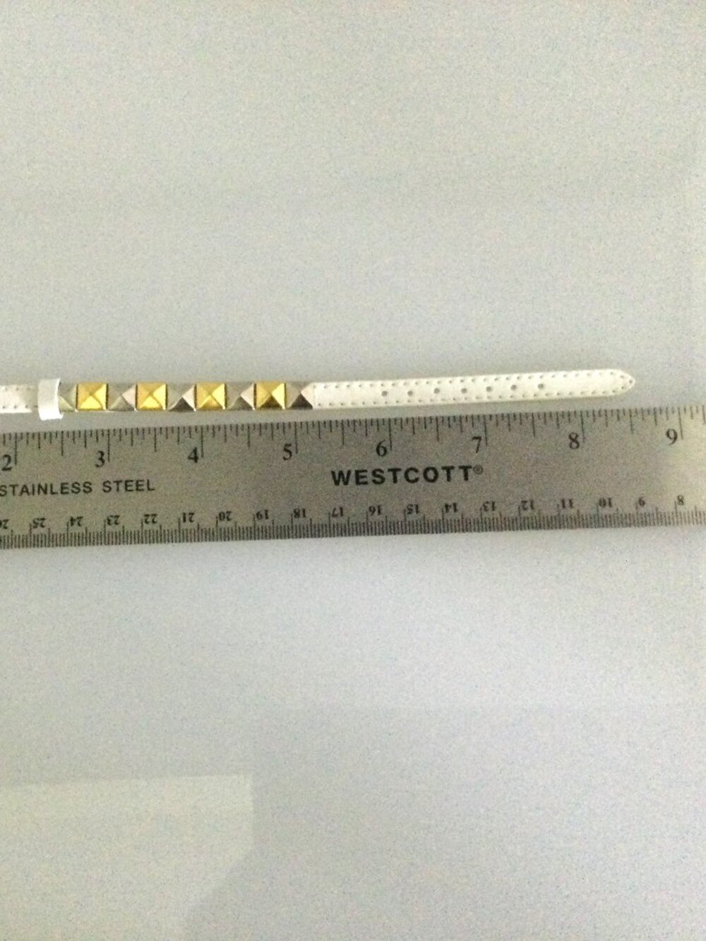 Silver and Gold Pyramid Studded White Genuine Leather Wristband Bracelet - Picture 4 of 4